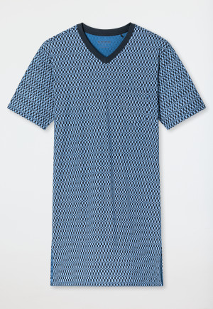 Sleep shirt short sleeves V-neck chest pocket blue chequered - Comfort Nightwear