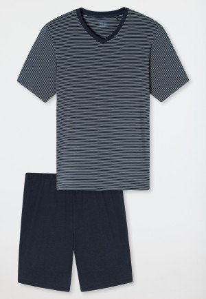 Schlafanzug kurz Modal V-Ausschnitt Streifen navy - Long Life Soft