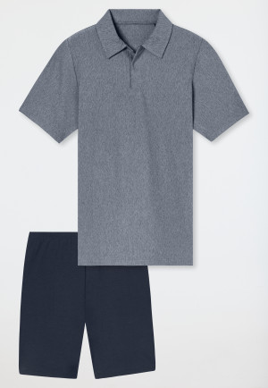 Pyjama court rayures col de chemise bleu nuit - Selected Premium Jacquard
