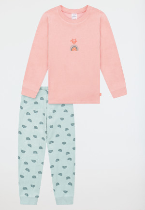 Schlafanzug lang Frottee Bündchen Regenbogen koralle - Nightwear