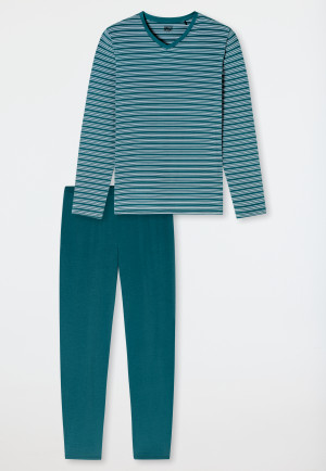 Pyjama long encolure en V rayures vertes - Long Life Soft