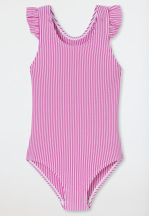 Seersucker swimsuit stripes ruffles fuchsia - aqua