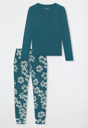 Pyjama long interlock poignet fleurs vert - Modern Nightwear