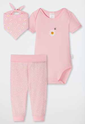 Set per neonato da 3 pezzi composto da body a maniche corte a costine sottili in cotone biologico, pantaloni, fazzoletto da collo, fiori, rosa - Natural Love