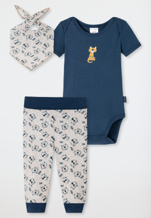 Set da 3 pezzi per neonati a costine sottili realizzato in cotone biologico, con pantaloni, body a maniche corte, foulard e motivo di tigre, blu scuro/grigio - Natural Love