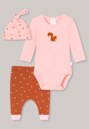 Ensemble bébé 3 pièces avec body à manches longues, pantalon, bonnet en coton bio côtelé pois écureuil rose/marron - Natural Love