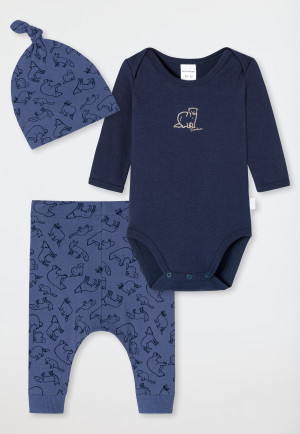 Set da 3 pezzi per neonati a costine sottili in cotone biologico composto da body a maniche lunghe, pantaloni e cappello, motivo con animali della foresta, blu scuro/marrone - Natural Love