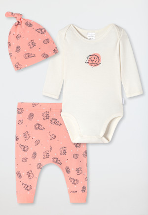Set di 3 body a maniche lunghe per bebè a costine sottili in cotone organico con pantaloni e cappello motivo animali selvatici in tonalità pesca/bianco - Natural Love