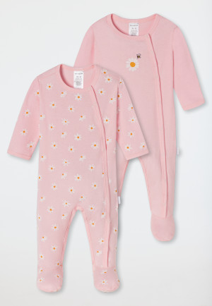 Baby onesie long with feet 2-pack fine rib organic cotton flowers pink - Natural Love