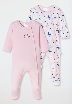 Baby onesies long with feet 2-pack fine rib organic cotton seagulls white/pink - Natural Love