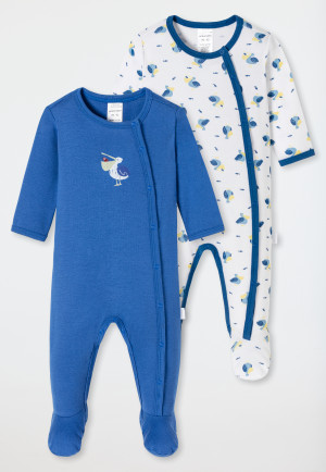 Baby onesie long with feet 2-pack fine rib organic cotton pelicans white/dark blue - Natural Love