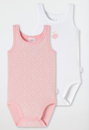 Baby onesie sleeveless 2-pack fine rib organic cotton flowers butterfly white/pink - Natural Love