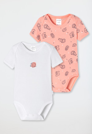 Baby onesies short-sleeved 2-pack fine rib organic cotton forest animals peach/white - Natural Love