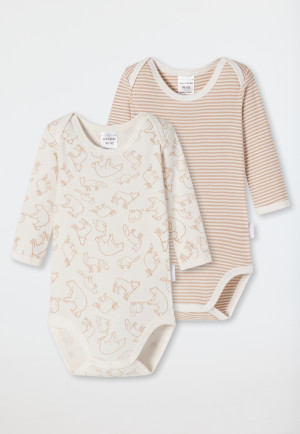 Baby onesies long-sleeved unisex 2-pack fine rib organic cotton stripes forest animals off-white - Natural Love
