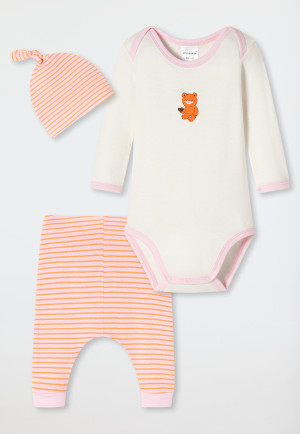 Ensemble bébé 3 pièces côtelé coton bio body manches longues pantalon bonnet rayures ourson multicolore - Natural Love