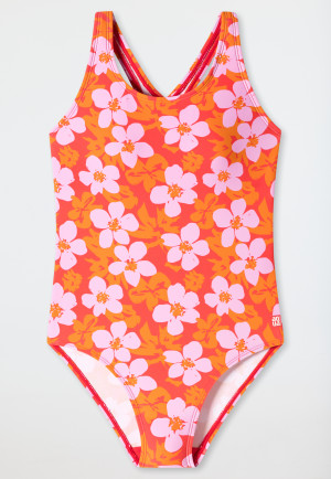 Maillot de bain tricot recyclé SFP 40+ dos nageur fleurs rouge - Aqua Teen Girls