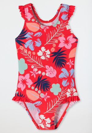 Costume da bagno in maglia riciclata UPF40+ con spalline incrociate, motivo floreale e volant, multicolore - Cat Zoe