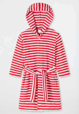 Bathrobe terry cloth velour hood stripes red - Natural Love