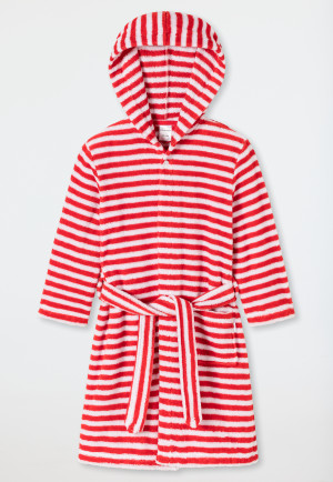 Accappatoio in spugna velour con cappuccio, a righe, rosso - Natural Love