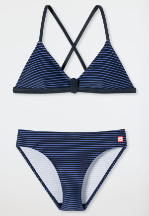 Bikini con top brassière in tessuto riciclato SPF40+ a righe, blu scuro - Diver Dreams