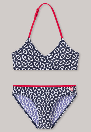Bustier bikini for girls knitwear recycled SPF40 + triangle rhombuses ethno dark blue - Nautical Chica