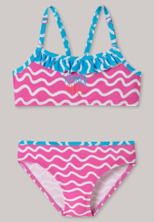 Bikini modello bustier in tessuto a maglia riciclato con protezione SPF40+ impreziosito da balze con motivo a onde multicolore - Cat Zoe