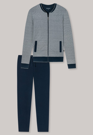 Hausanzug lang Sweatware Bündchen Ringel grau-meliert - Warming Nightwear