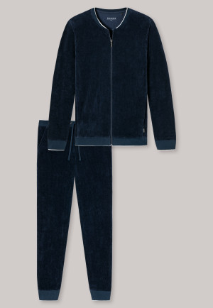 Hausanzug lang Velours Bündchen Streifen nachtblau - Warming Nightwear
