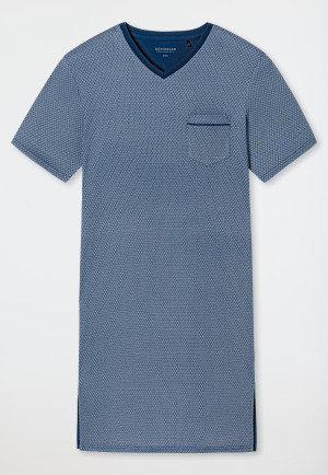 Nachthemd kurz V-Ausschnitt gemustert blau - Fine Interlock