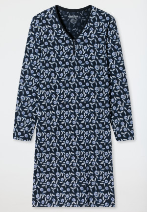 Chemise de nuit manches longues coton bio patte de boutonnage imprimé fleuri bleu nuit - Comfort Nightwear