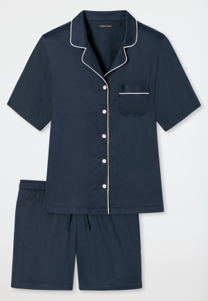 Pyjama kurz Baumwoll-Websatin Knopfleiste Paspeln dunkelblau - selected! premium inspiration