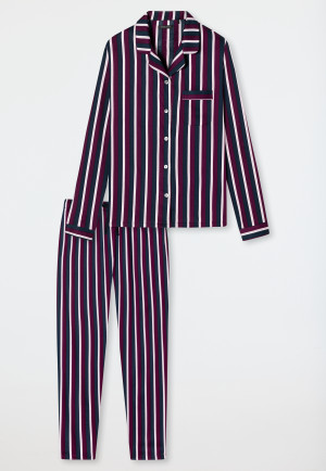 Pigiama lungo in raso intrecciato con collo a revers, a righe, violetto - selected! premium inspiration