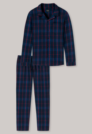 Pajama long flannel button placket midnight blue checkered - Warming Nightwear