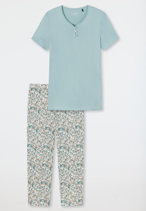 Schlafanzug 3/4-lang Interlock V-Ausschnitt Knopfleiste hellblau - Feminine Floral Comfort Fit