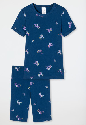 Schlafanzug kurz Feinripp Organic Cotton Einhörner blau - Girls World