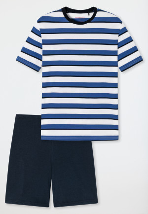 Pigiama corto in cotone biologico, fantasia color-blocking a righe, colore blu acqua - Aquatic Flow