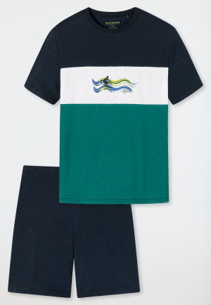 Schlafanzug kurz Organic Cotton Blockringel Wellen dunkelgrün - Ocean Flow