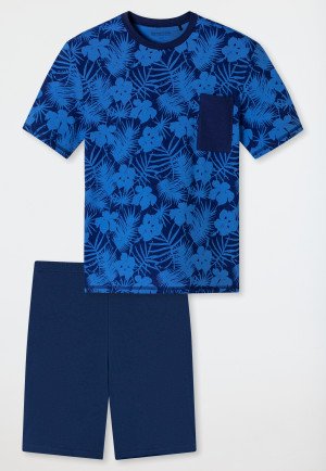 Pyjama court coton biologique poche poitrine feuilles bleu - Nightwear