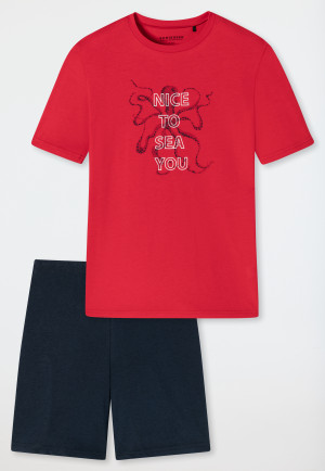 Pigiama corto in cotone biologico con stampa polipo, colore rosso - Aquatic Flow