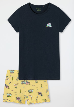 Schlafanzug kurz Organic Cotton Rüschen Camper dunkelblau - Ocean Flow