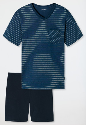 Schlafanzug kurz Organic Cotton V-Ausschnitt Ringel blau/dunkelblau - Fashion Nightwear