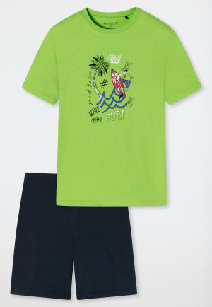 Pigiama corto in cotone biologico motivo surfisti in lime - Ocean Flow