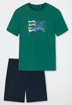 Schlafanzug kurz Organic Cotton Wellen dunkelgrün - Ocean Flow