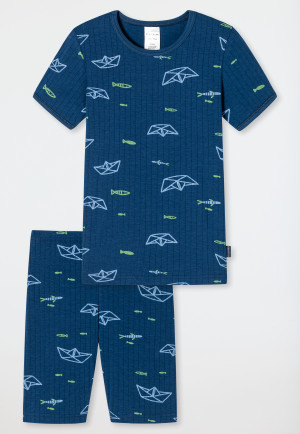 Schlafanzug kurz Tencel Organic Cotton gerippt Papierschiffe Fische blau - Rat Henry