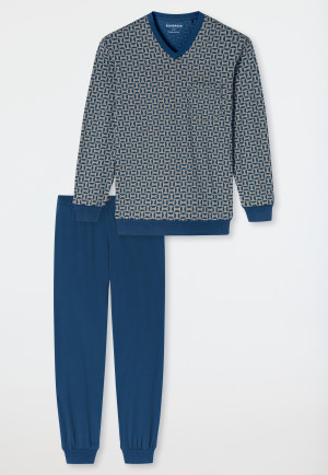 Schlafanzug lang Bündchen atlantikblau gemustert - Comfort Nightwear