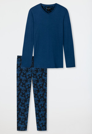 Schlafanzug lang Feininterlock V-Ausschnitt gemustert blau/dunkelblau - Fine Interlock