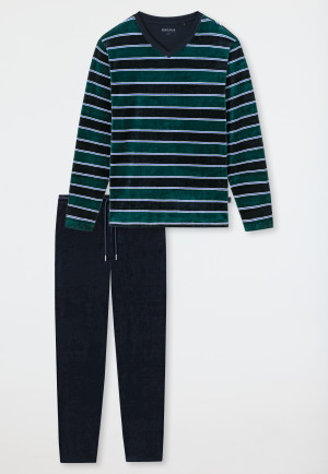 Schlafanzug lang Velour V-Ausschnitt gestreift dunkelgrün/dunkelblau - Warming Nightwear