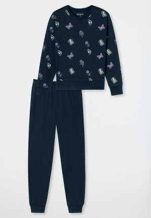 Schlafanzug lang Interlock Bündchen Traummotive nachtblau - Nightwear