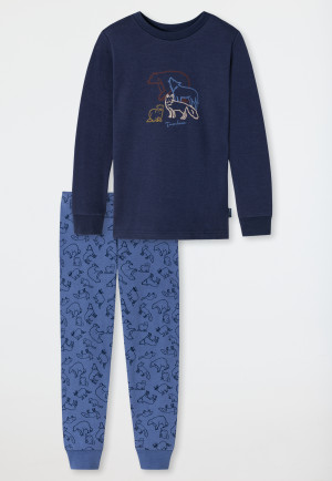 Pyjama long interlock coton bio bords-côtes animaux sauvages bleu foncé - Natural Love