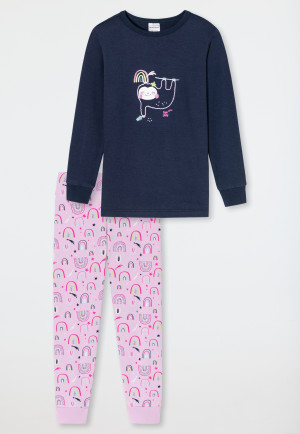 Pyjama long coton bio bords-côtes paresseux arc-en-ciel bleu foncé - Girls World